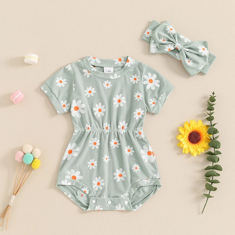 Baby Girls 2Pcs Romper Short Sleeve O Neck Flower Daisy Print Floral Jumpsuit with Headband Set