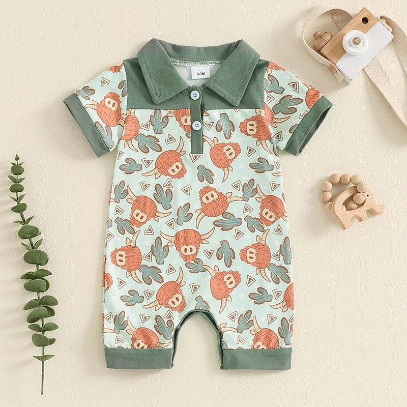 Baby Boy Romper Casual Cattle Cow Cactus Print Collar Short Sleeve Jumpsuit