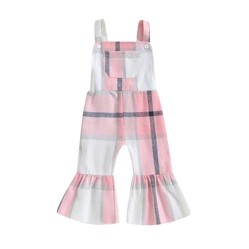 Baby Toddler Girls Plaid Overalls Casual Square Neck Sleeveless Bell Bottom Jumpsuit Romper