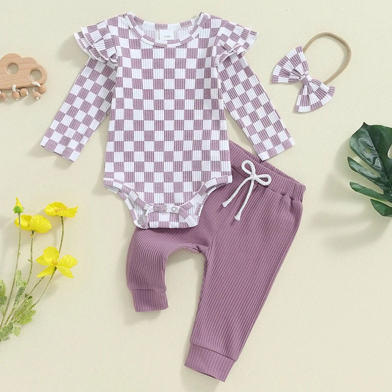 Baby Girls 3Pcs Fall Outfit Checkered Print Long Sleeve Romper Solid Color Long Pants Headband Set