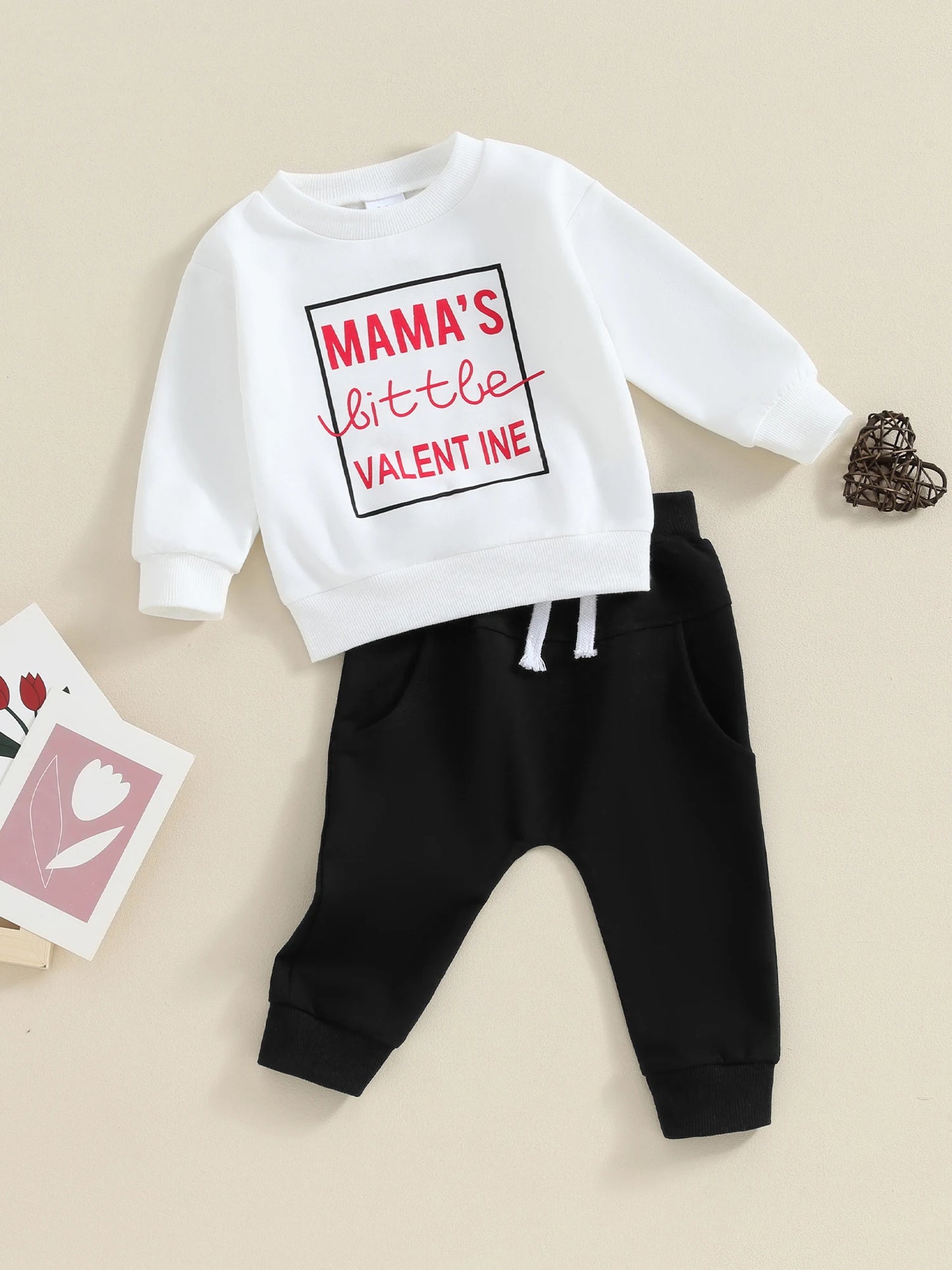 Toddler Baby Boys 2Pcs Valentine's Day Sets Long Sleeve Letter Mama's Little Valentine Print Pullover and Black Drawstring Pants