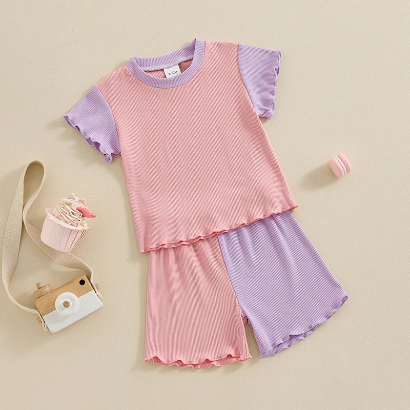 Baby Toddler Girls 2Pcs Contrast Color Short Sleeve Crew Neck Top Frilly Sleeves with Shorts Summer Outfit Set