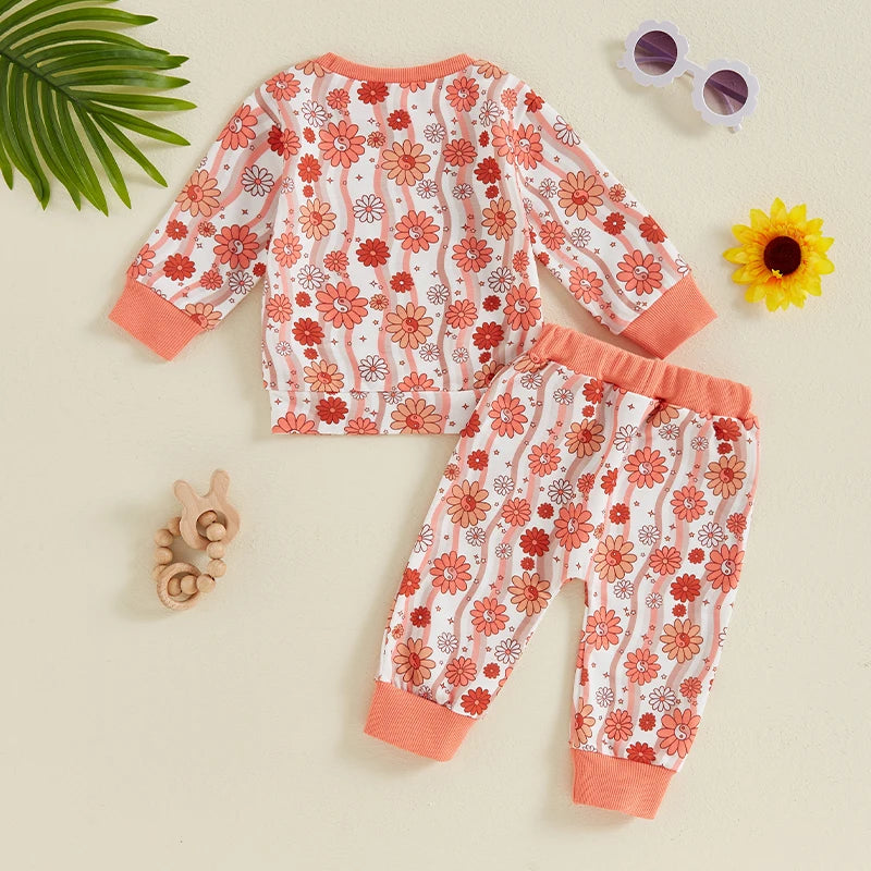 Baby Toddler Girls 2Pcs Long Sleeve O Neck Floral Flower Print Top Drawstring Pants Outfit Set