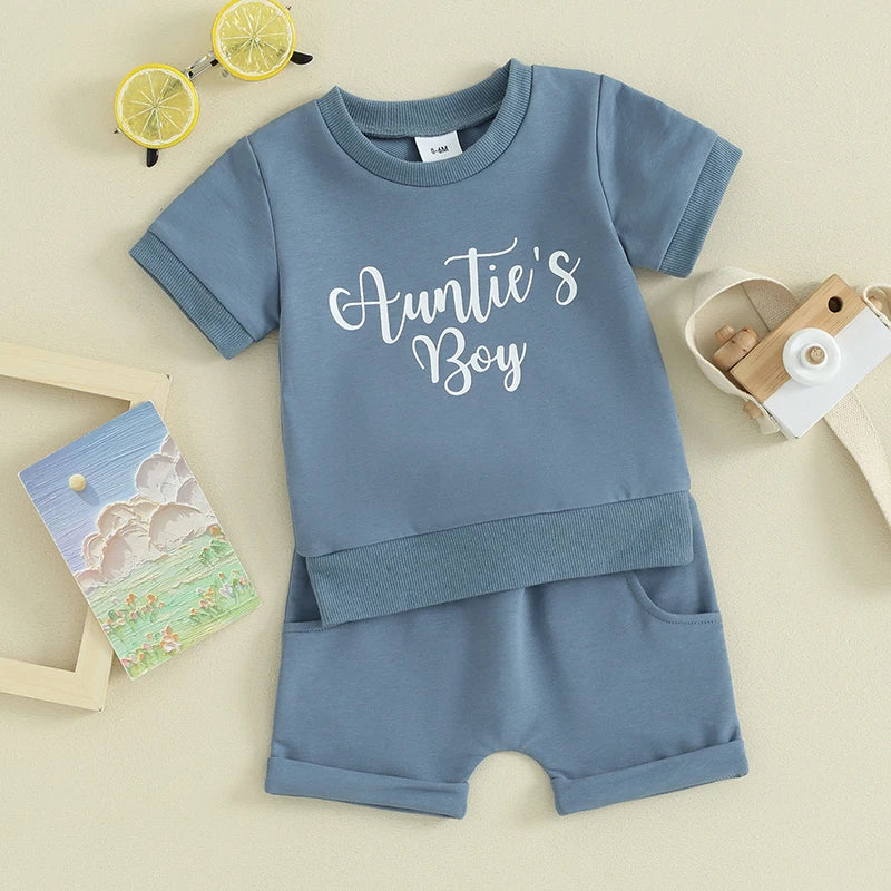 Baby Toddler Boy 2Pcs Auntie's Boy Shorts Set Letter Print Short Sleeve Round Neck Top with Solid Color Shorts Outfit