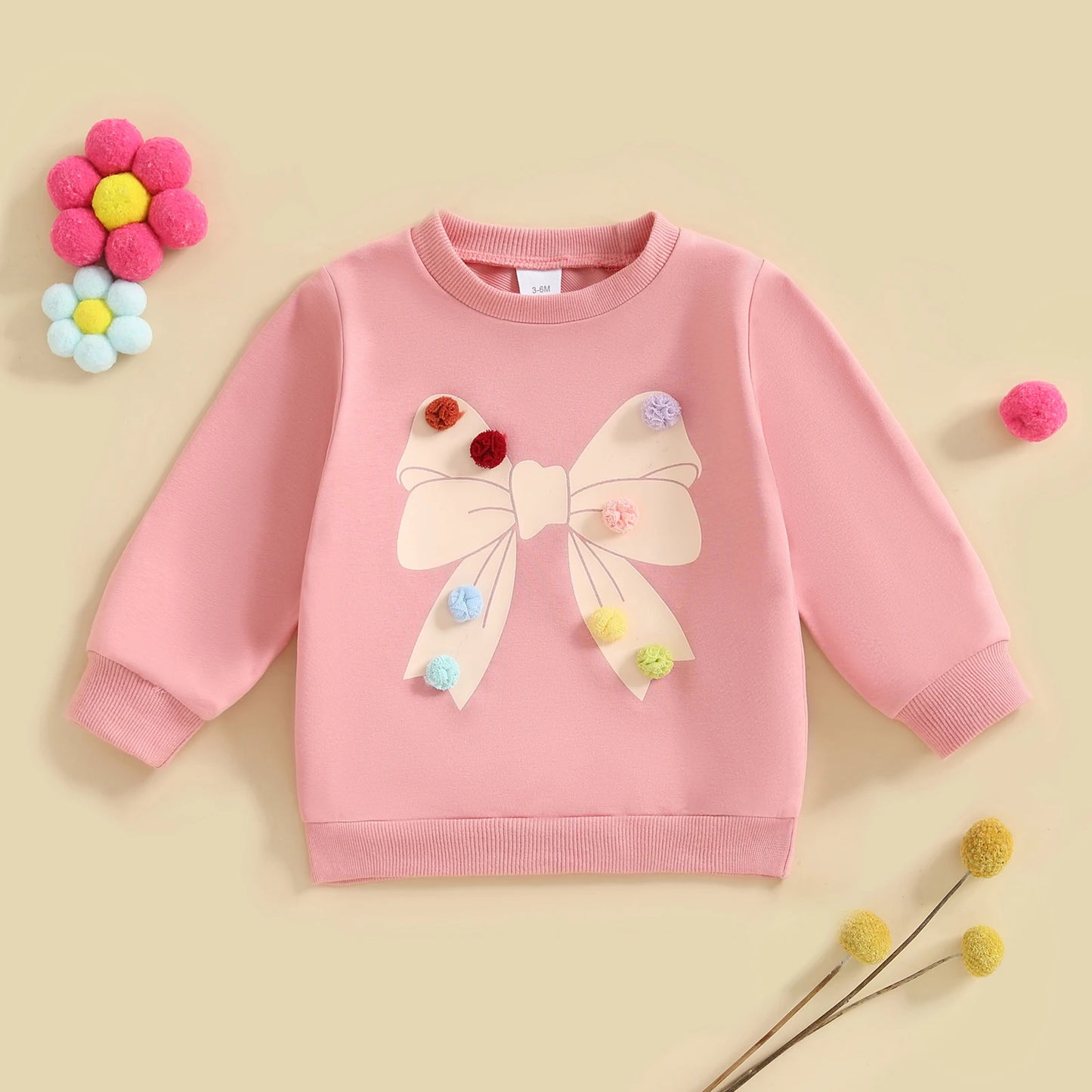 Baby Toddler Girls Long Sleeve Top Pom Pom Ball Bow Print Crewneck Pullover Winter Fall Clothes