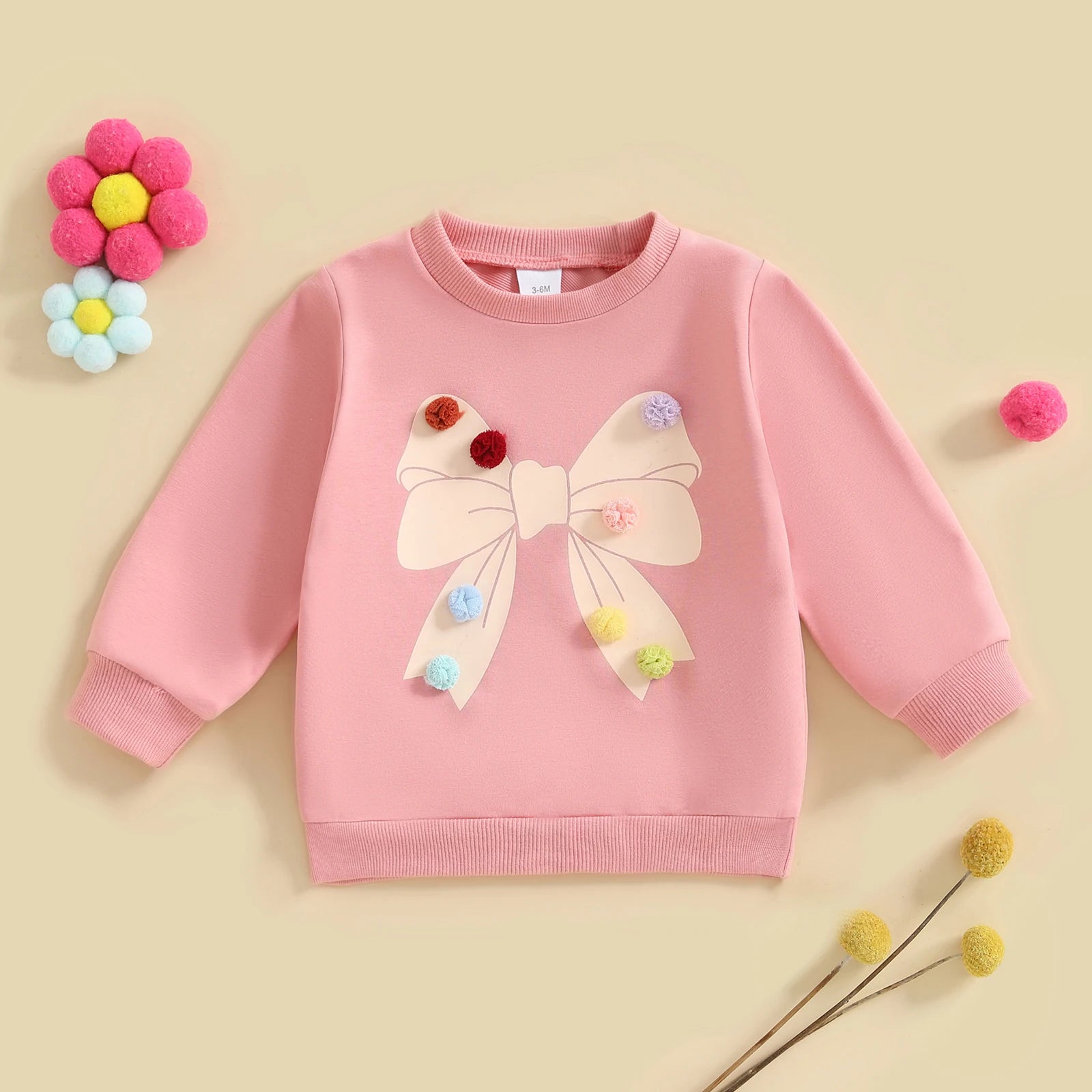 Baby Toddler Girls Long Sleeve Top Pom Pom Ball Bow Print Crewneck Pullover Winter Fall Clothes