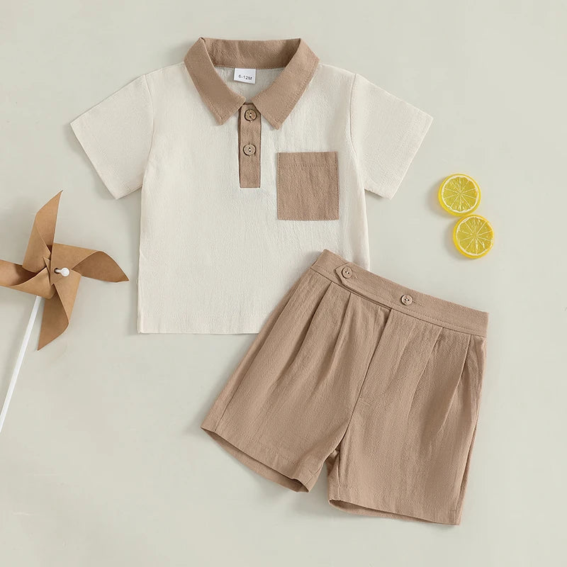 Baby Toddler Boys 2Pcs Summer Outfit Contrast Color Button Turn Down Collar Short Sleeve Shirt Top with Shorts Set