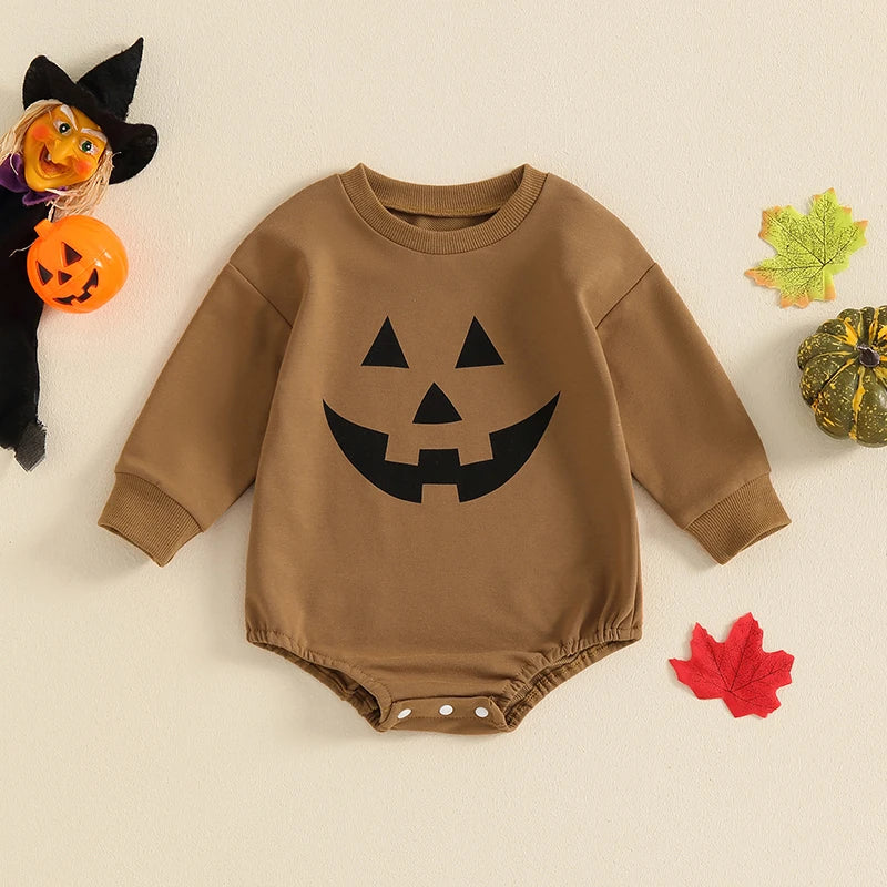 Baby Girls Boys Halloween Romper Casual Pumpkin Jack O Lantern Face Print Round Neck Long Sleeve Jumpsuit