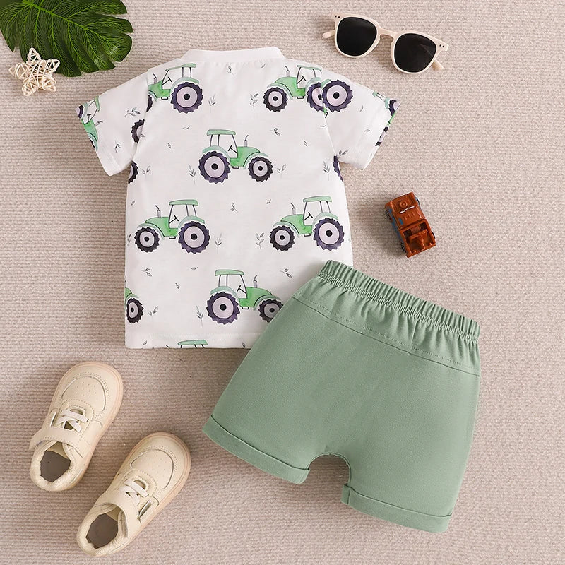 Baby Toddler Boys 2Pcs Summer Outfit Tractor Print Short Sleeve Top Elastic Waist Shorts Set