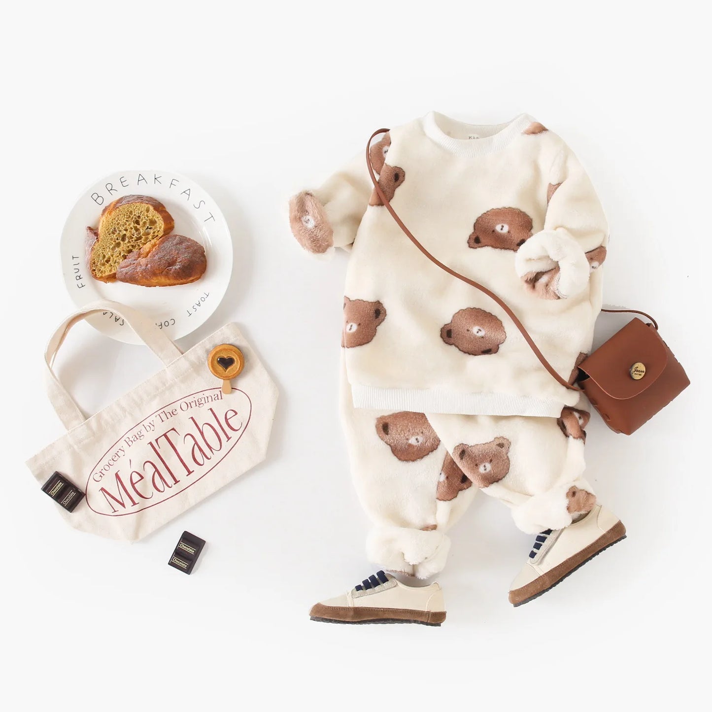 Baby Toddler Boy Girl 2Pcs Winter Clothes Set Thick Warm Pullover Top Pant Suit Bear Print Fleece Two Piece Jogger Set Outfit