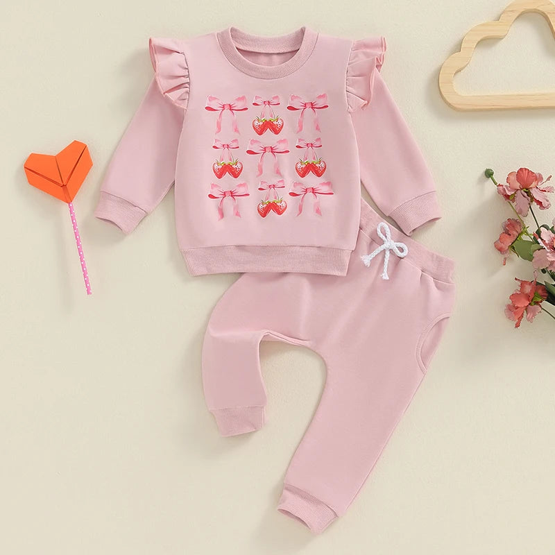 Baby Toddler Girls 2Pcs Fall Outfit Cute Bow Strawberries Print Long Sleeve Ruffle Shoulder Pullover + Pants Set