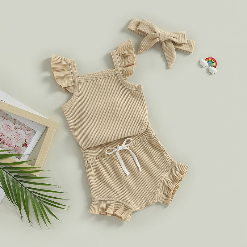 Baby Toddler Girls 3Pcs Flutter Sleeve Solid Romper Tops Drawstring Short Pants Headband Outfit