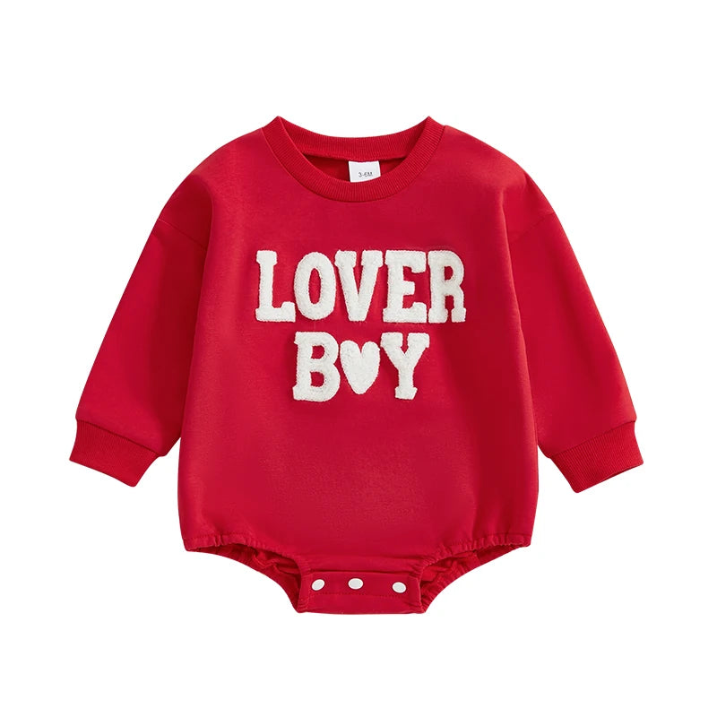 Baby Boy Bubble Romper Valentines Long Sleeve Round Neck Heart Letter Lover Boy Embroidery Bodysuit Valentine's Day