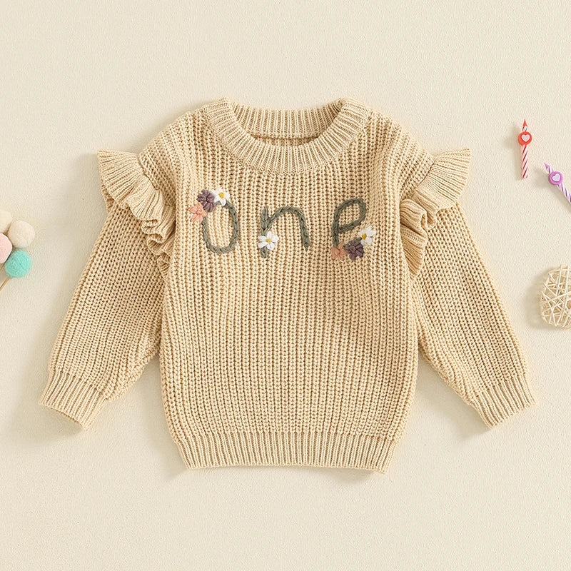 Baby Girl Birthday Sweater One Casual Floral Flowers Letter Embroidery Warm Long Sleeve Knitted Pullover Infant Knitwear Top