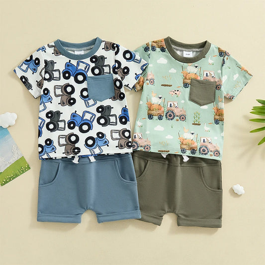 Baby Toddler Boy 2Pcs Summer Outfit Truck Tractor Print Short Sleeve Pocket Top with Solid Color Shorts Set