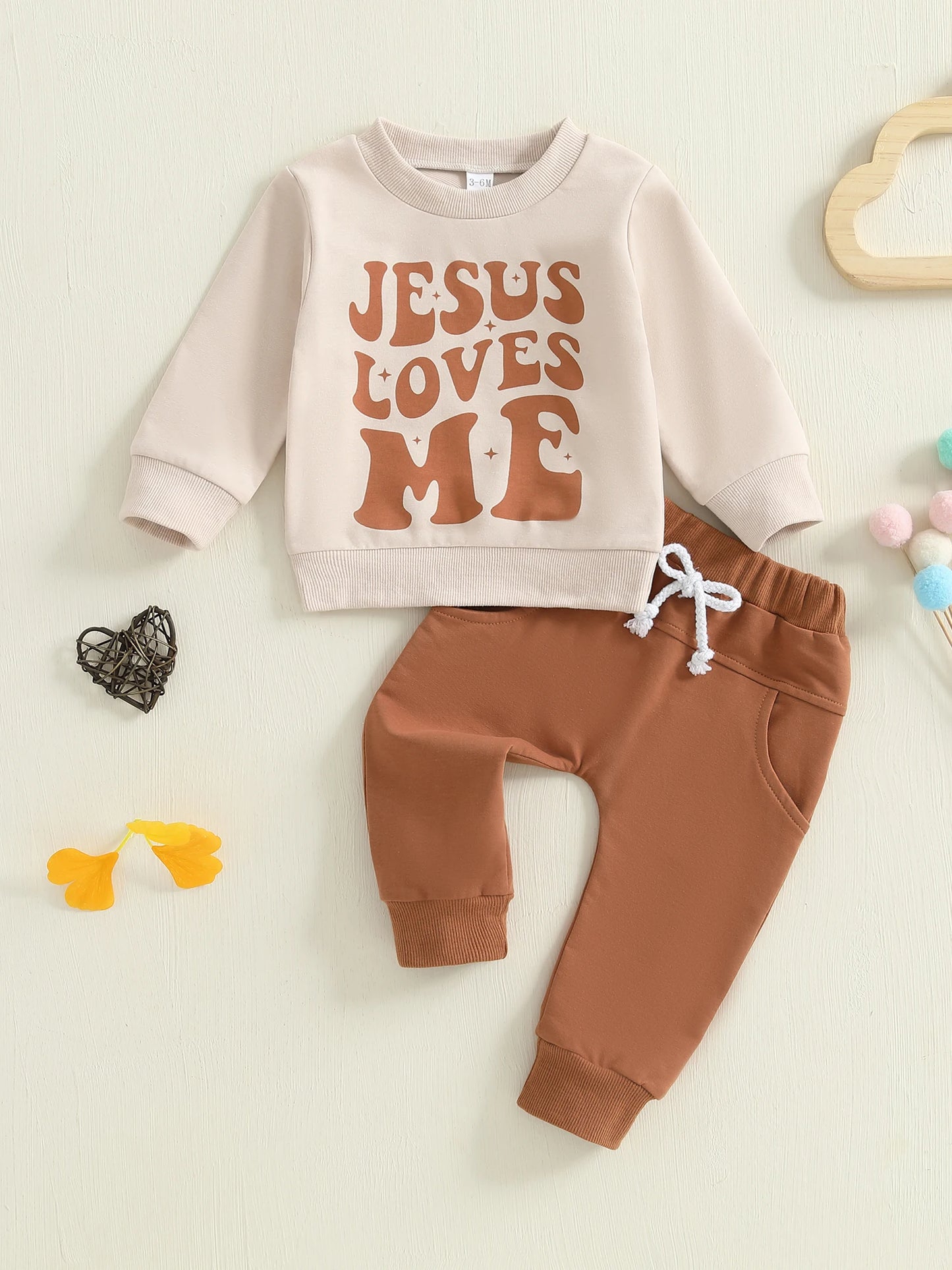 Baby Toddler Boys 2Pcs Jesus Loves Me Fall Outfit Letter Print Long Sleeve Top and Elastic Pants 2Piece Clothes Jogger Set