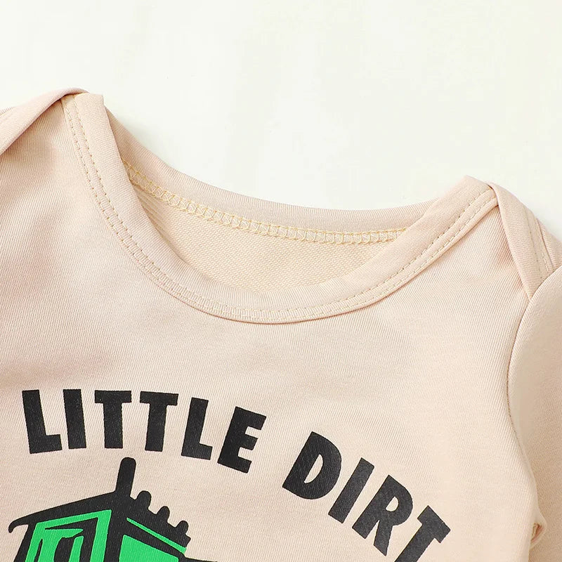 Baby Boys 3Pcs Fall Outfit A Little Dirt Never Hurt Tractor Print Long Sleeve Romper and Elastic Pants Beanie Hat Set