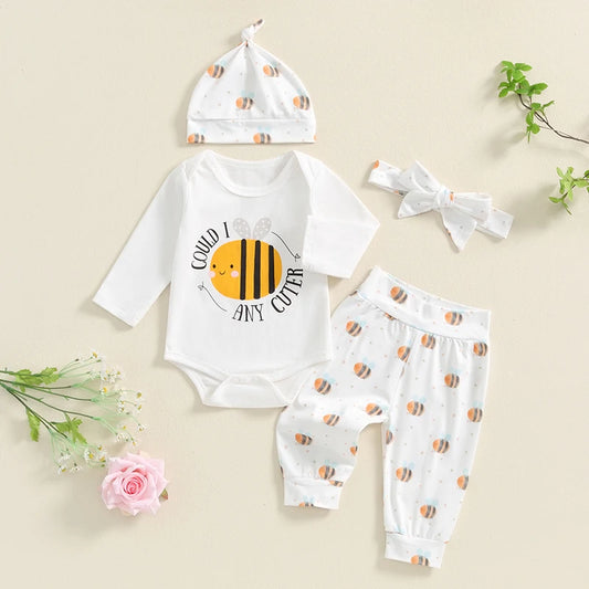 Baby Boys Girls 4Pcs Clothing Set Could I Bee Any Cuter Print Long Sleeve Romper with Pants Headband Hat Outfit