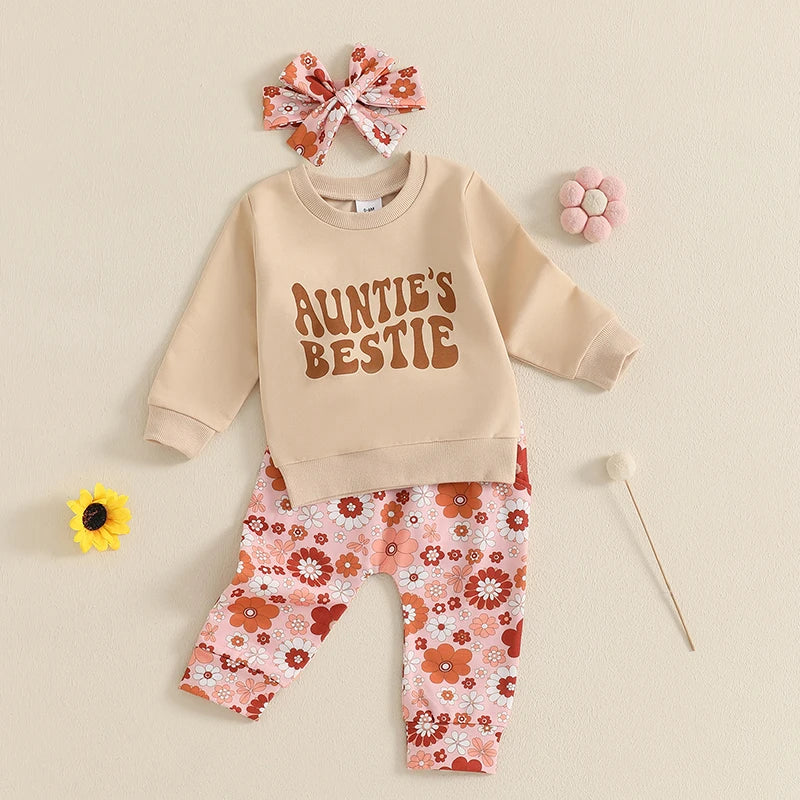 Baby Toddler Girls 3Pcs Outfit Auntie's Bestie Letter Print Long Sleeve Crewneck Top and Floral Flowers Print Jogger Pants Headband Clothes Set