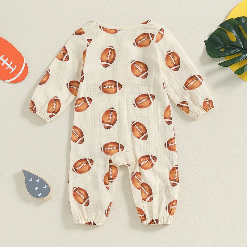 Baby Boy Girl Bodysuit Football Print Long Sleeve Button Pocket Round Neck Fall Romper