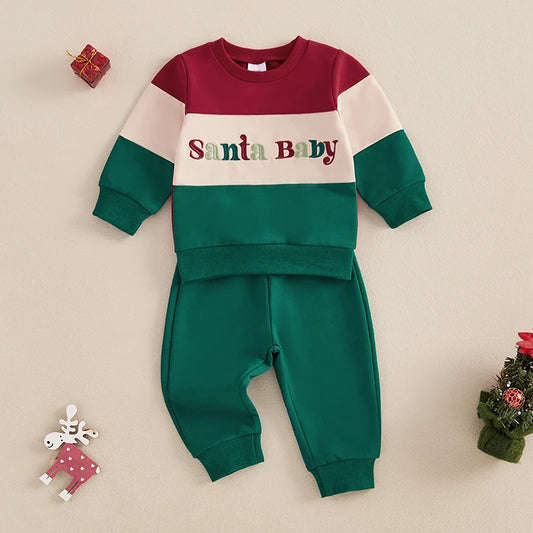 Baby Toddler Boys 2Pcs Santa Baby Jogger Set Long Sleeve Embroidery Letters Top + Elastic Waist Pants Christmas Outfit