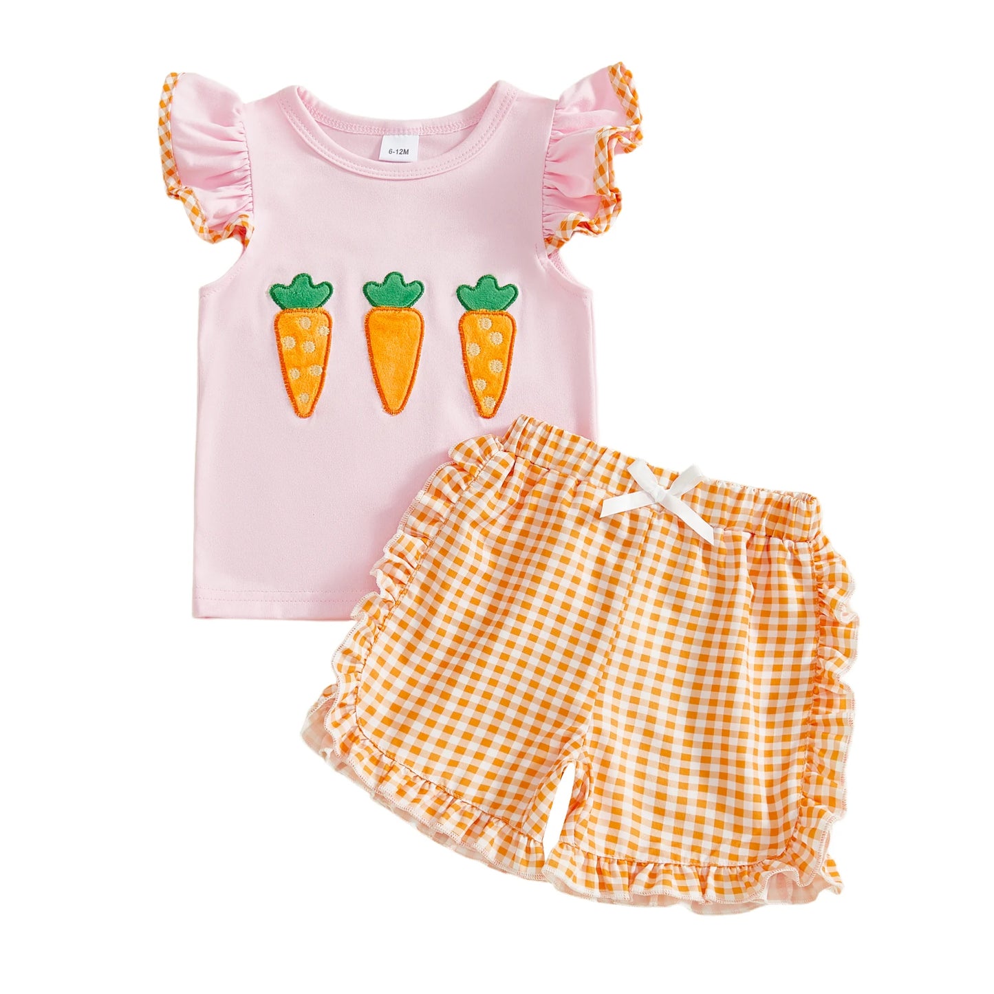 Baby Toddler Girls 2Pcs Easter Outfit Carrot Embroidered Flying Sleeve Top and Plaid Shorts Set