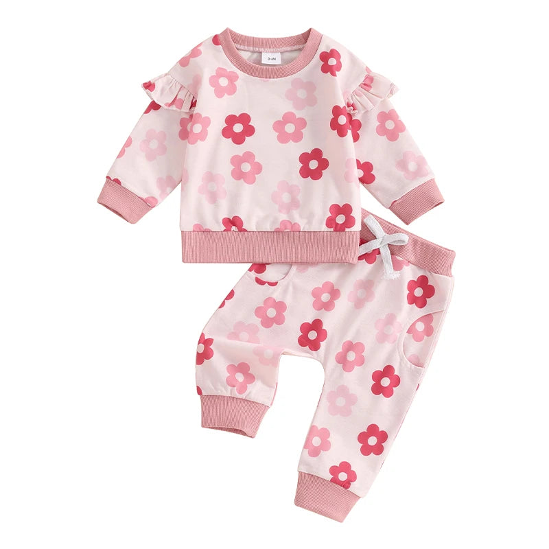 Baby Toddler Girls 2Pcs Fall Outfit Floral Flower Print Flying Sleeve Round Neck Pullover Top with Elastic Waist Pants Set