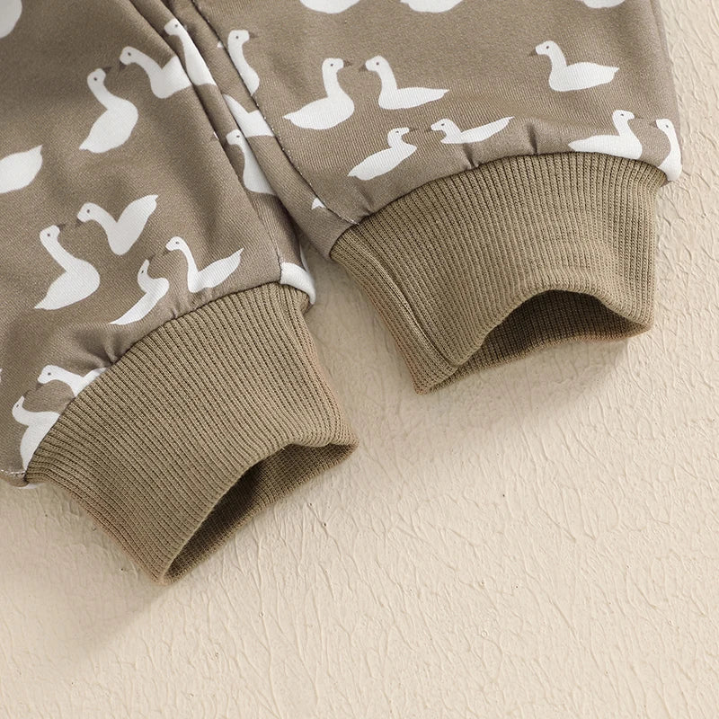 Baby Toddler Boys 2Pcs Fall Outfit Long Sleeve Duck Bird Goose Embroidery Pullover Top Elastic Band Pants Jogger Set