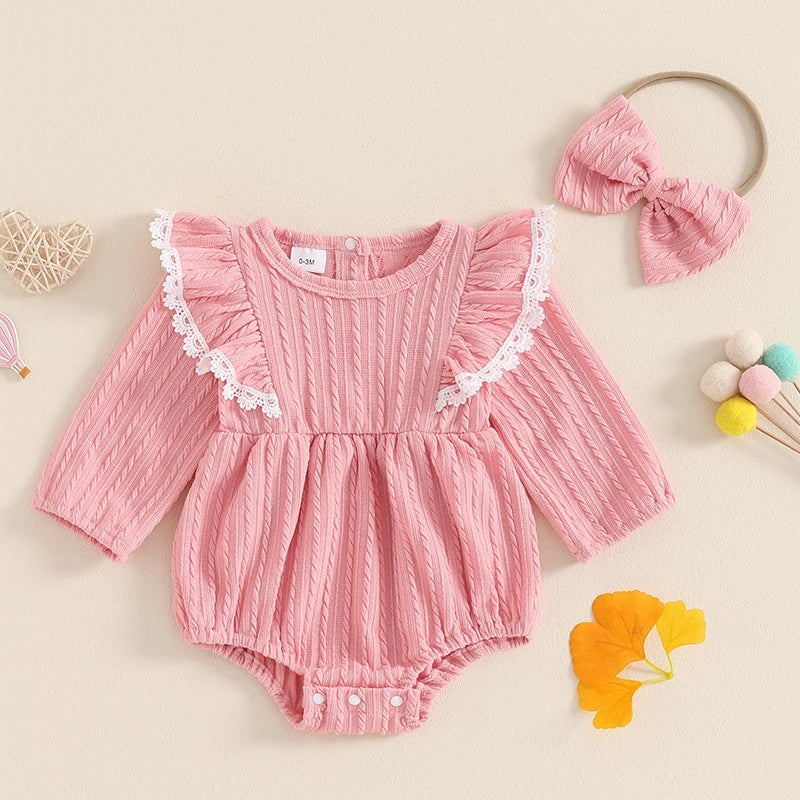 Baby Girls 2Pcs Set Lace Ruffled Trim Ribbed Long Sleeve Round Neck Romper Bow Headband Outfit