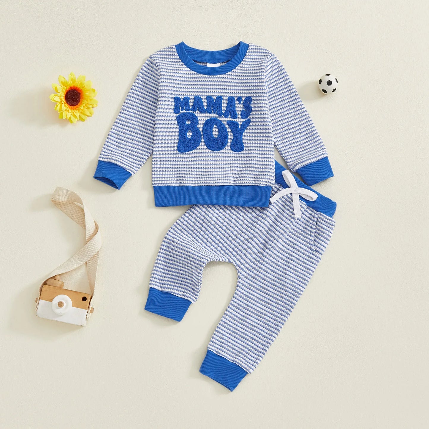 Baby Toddler Boys 2Pcs Fall Striped Outfit Letter Embroidery Long Sleeve Top and Elastic Pants Jogger Set
