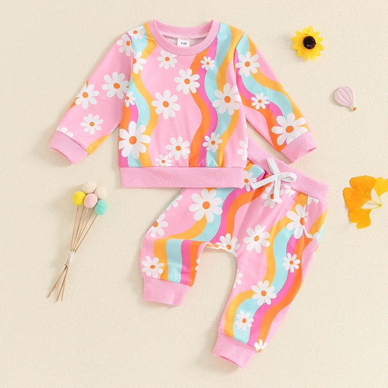 Baby Toddler Girls 2Pcs Fall Outfit Striped Daisy Flower Print Long Sleeve Top and Elastic Pants Set