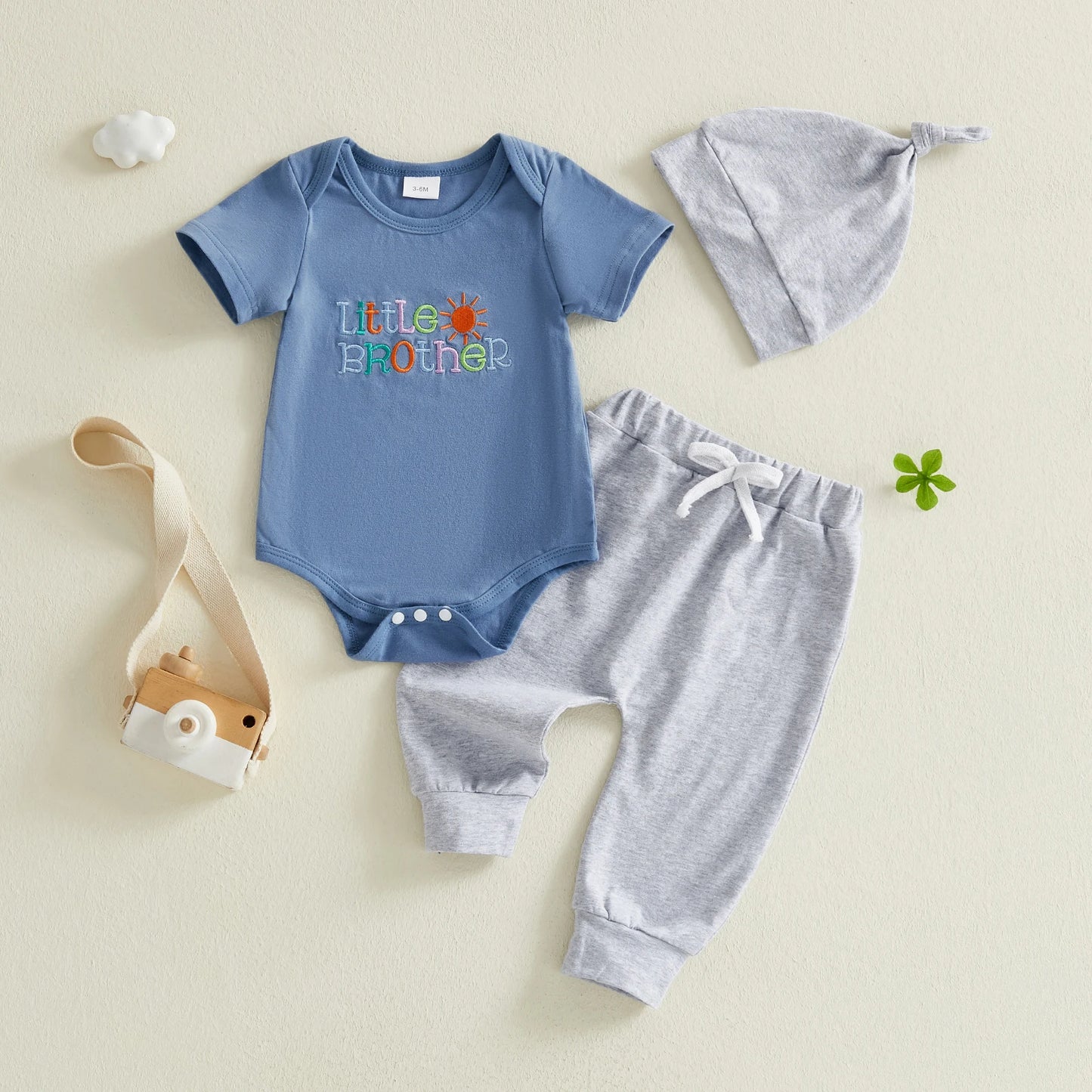 Baby Boys 3Pcs Little Brother Clothing Set Fashionable Short Sleeve Letters Embroidery Romper with Jogger Pants Hat Outfit