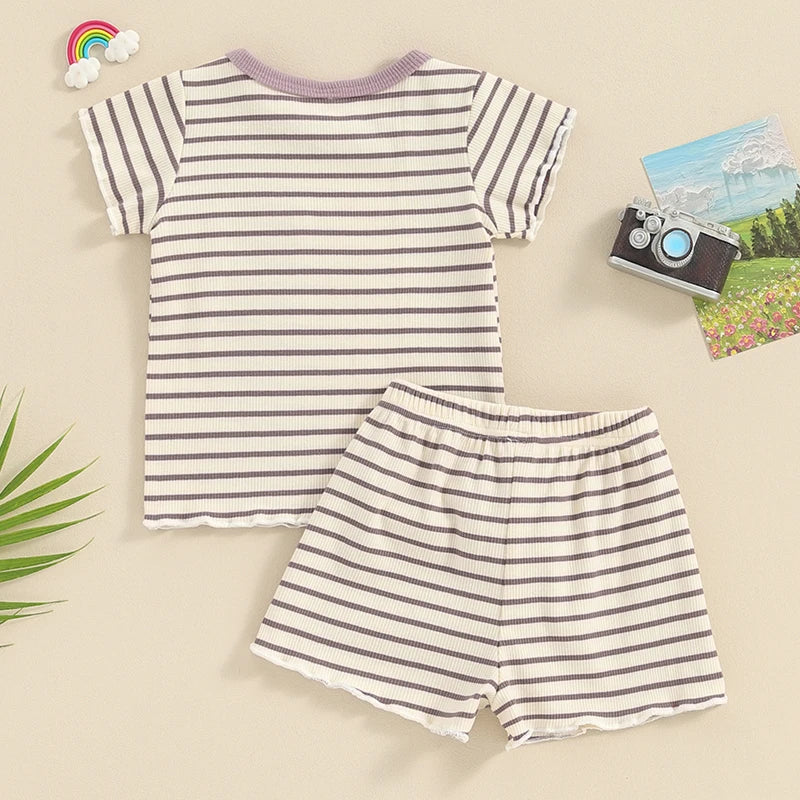 Baby Toddler Girl 2Pcs Summer Outfits Ruffles Short Sleeve Striped Top with Pocket T-Shirt + Matching Shorts Set