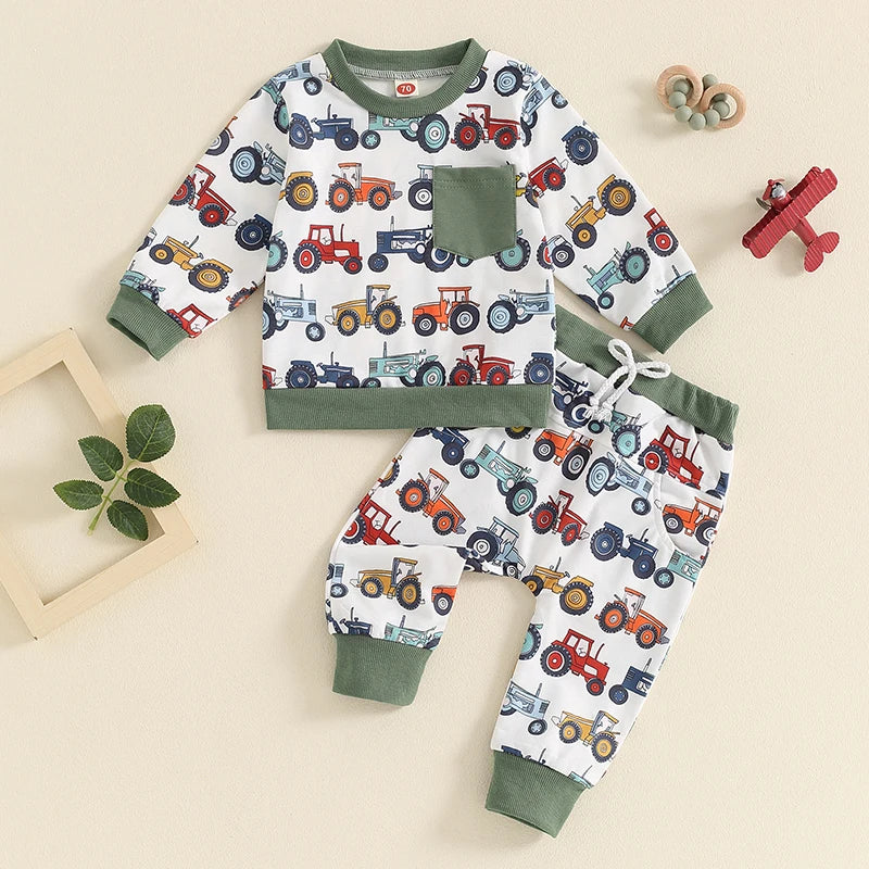 Baby Toddler Boys 2Pcs Farm Outfit Long Sleeve Tractor Print Pocket Top + Pants Set