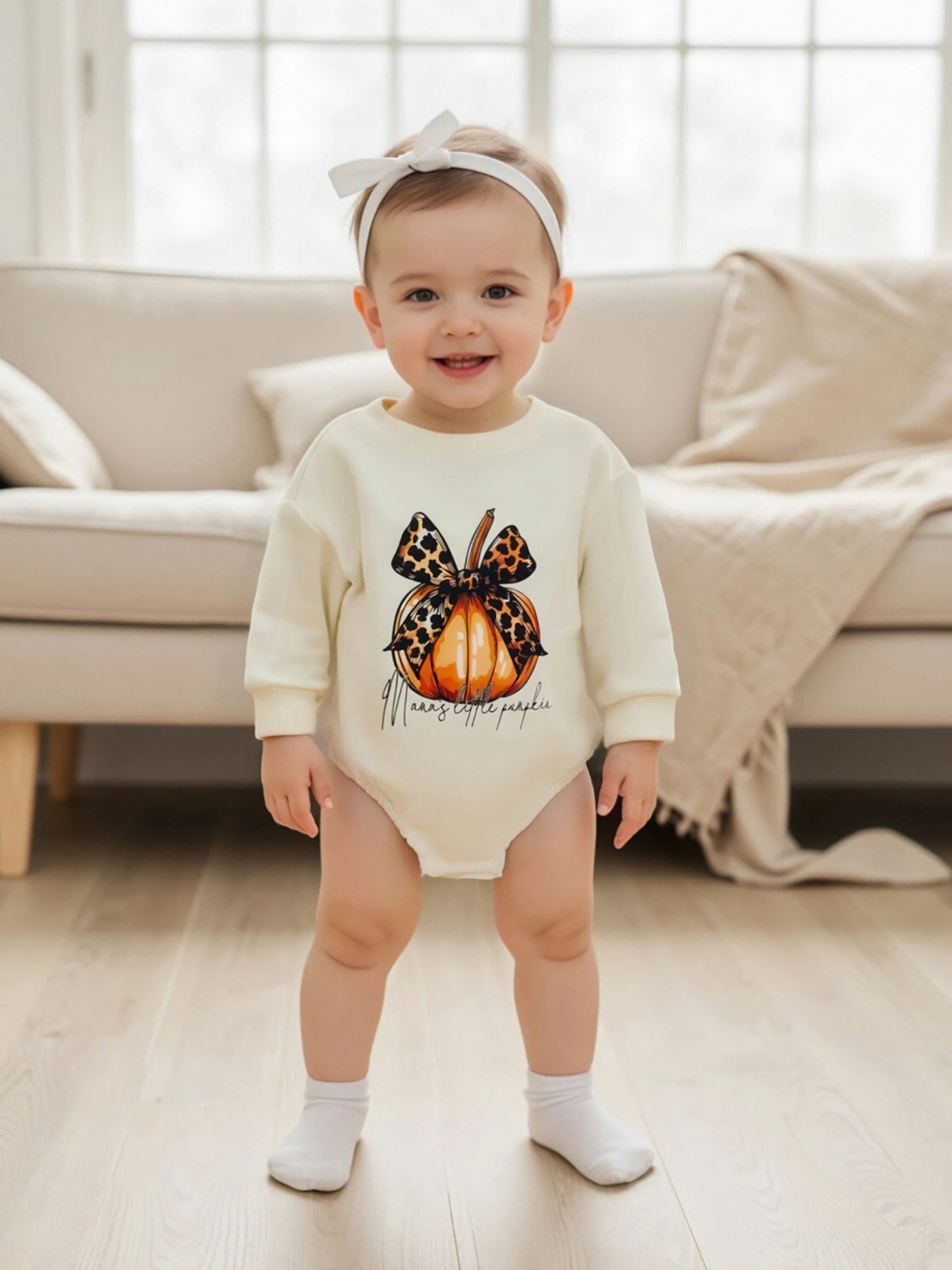 Baby Girls Romper Little Turkey / Mama's Little Pumpkin Long Sleeve Round Neck Pumpkin/Turkey Print Bodysuit Fall Thanksgiving Playsuit