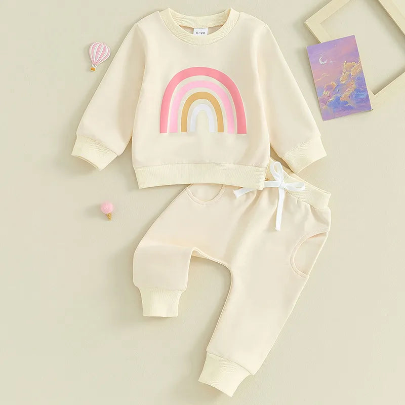 Baby Toddler Girls Boys 2Pcs Long Sleeve Rainbow Print Top & Long Pants Set Outfits