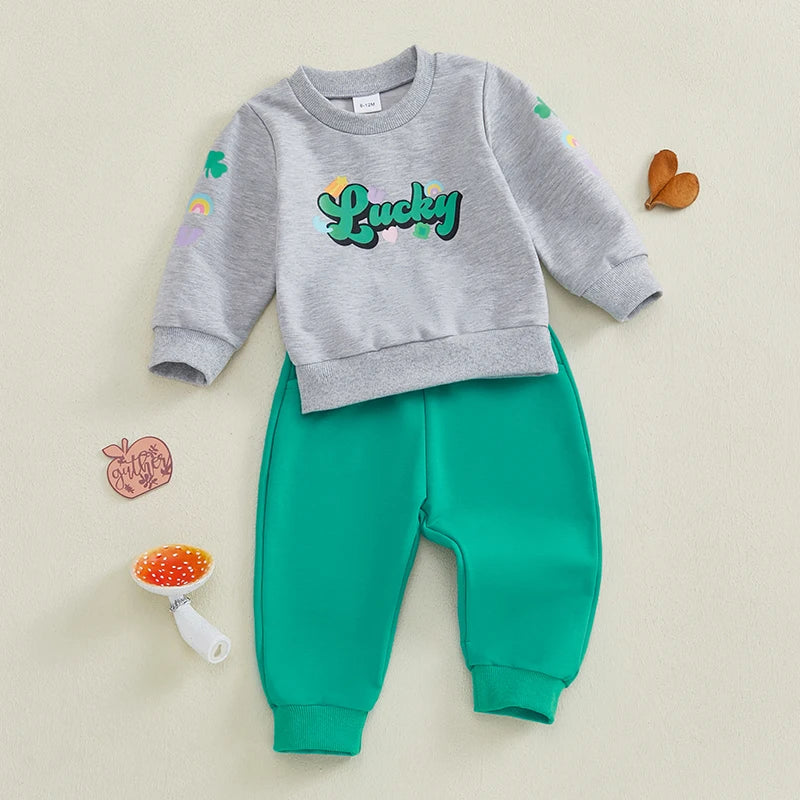 Baby Toddler Girls Boys 2Pcs Be Mine / Lucky Valentine's Day & St. Patrick's Day Outfit Letter Print Long Sleeve O-Neck Top with Solid Long Pants Valentines Jogger Set