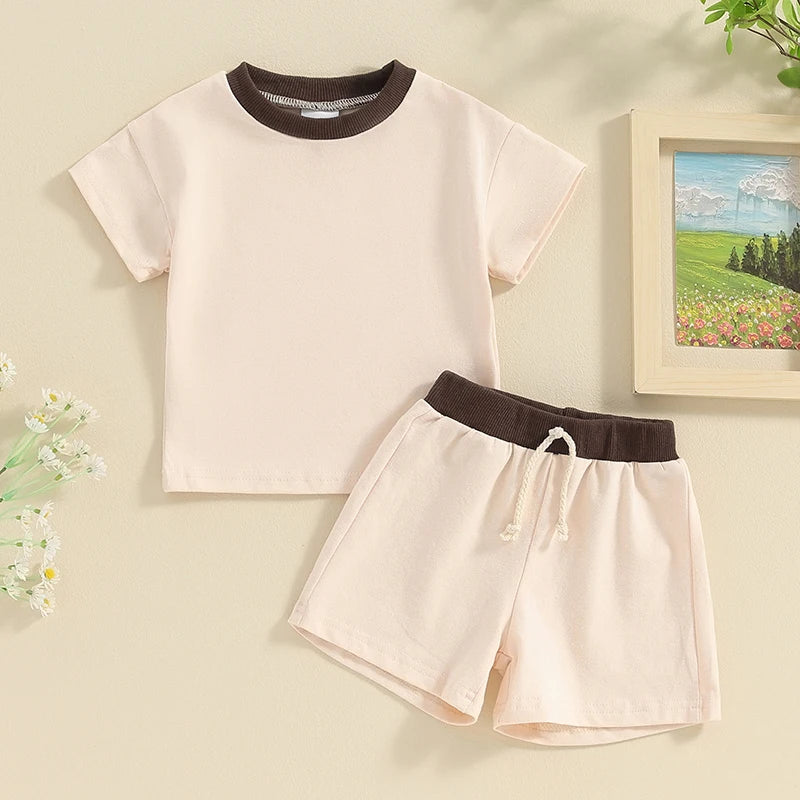 Toddler Baby Boys 2Pcs Clothes Set Contrast Color Short Sleeve Crew Neck Top with Shorts Outfit