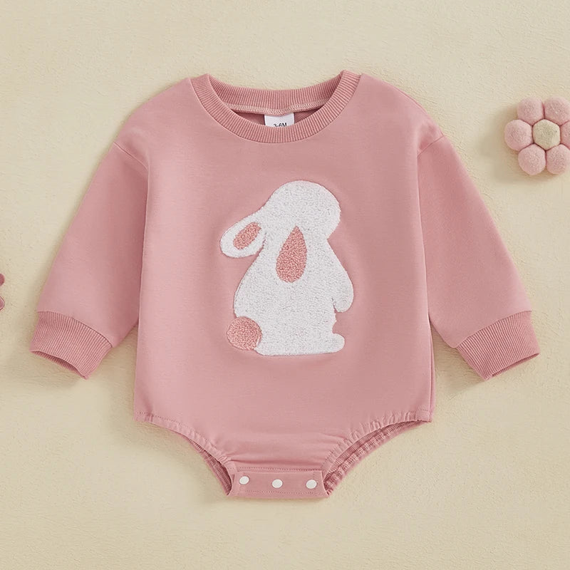 Baby Girls Easter Bubble Romper Spring Long Sleeve Bunny Rabbit Embroidery Loose Bodysuit Playsuit