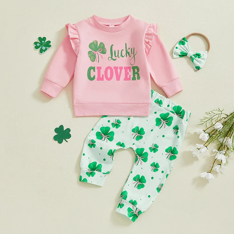 Baby Toddler Girls 3Pcs Daddy's Lucky Charm / Lucky Clover Spring Outfit Long Sleeve Top + Shamrock Pants + Headband Bow Set Clothes St. Patrick's Day