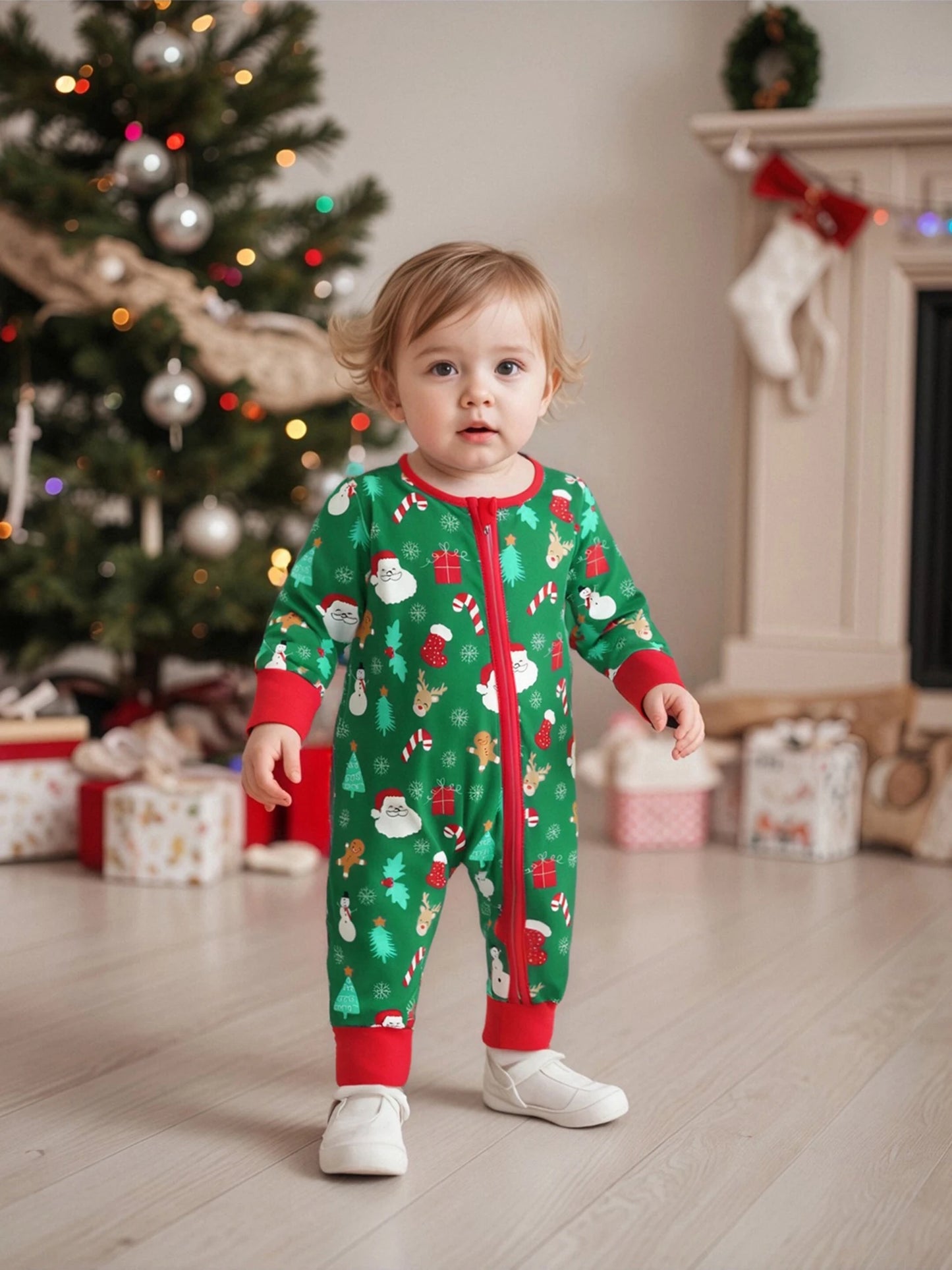 Baby Boys Girls Christmas Zipper Romper Reindeer Santa Print Zip Up Long Sleeve Round Neck Jumpsuit
