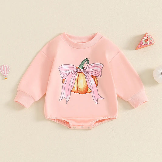 Baby Girls Romper Fall Long Sleeve Crew Neck Pumpkin Bow Print Bodysuit