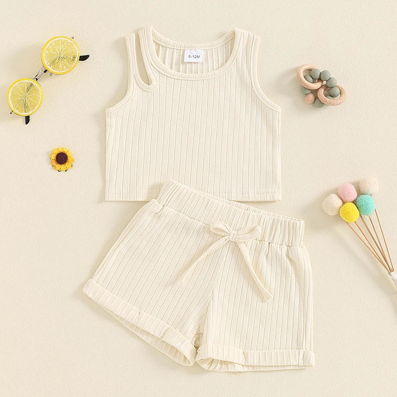 Baby Toddler Girls 2Pcs Ribbed Tank Top Elastic Waistband Drawstring Shorts Matching Outfit Set