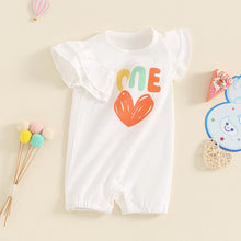 Load image into Gallery viewer, Baby Girls ONE Jumpsuit Fly Sleeve Crew Neck Letters Heart Print Birthday Romper
