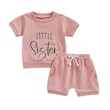 Load image into Gallery viewer, Toddler Baby Girls 2Pcs Little Sister Shorts Set Short Sleeve Letters Print Top + Elastic Waist Shorts Summer Outfit
