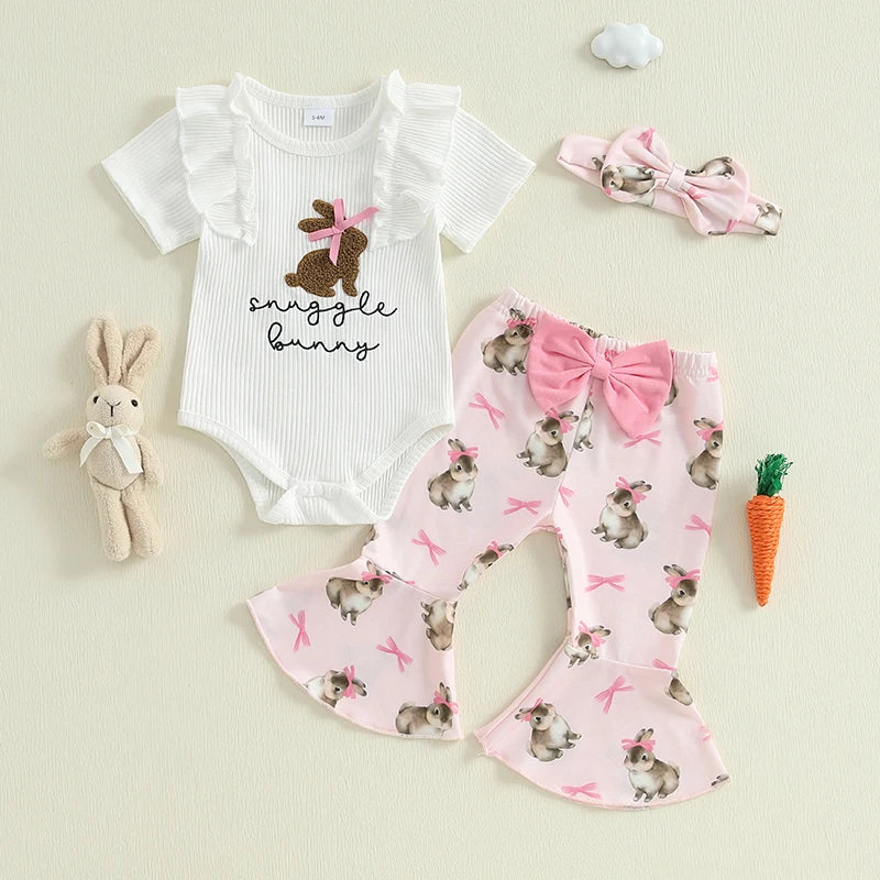 Baby Girls 3Pcs Snuggle Bunny Easter Outfit Short Sleeve Letter Embroidery Romper with Bunny Rabbit Print Flare Pants and Bow Headband Set