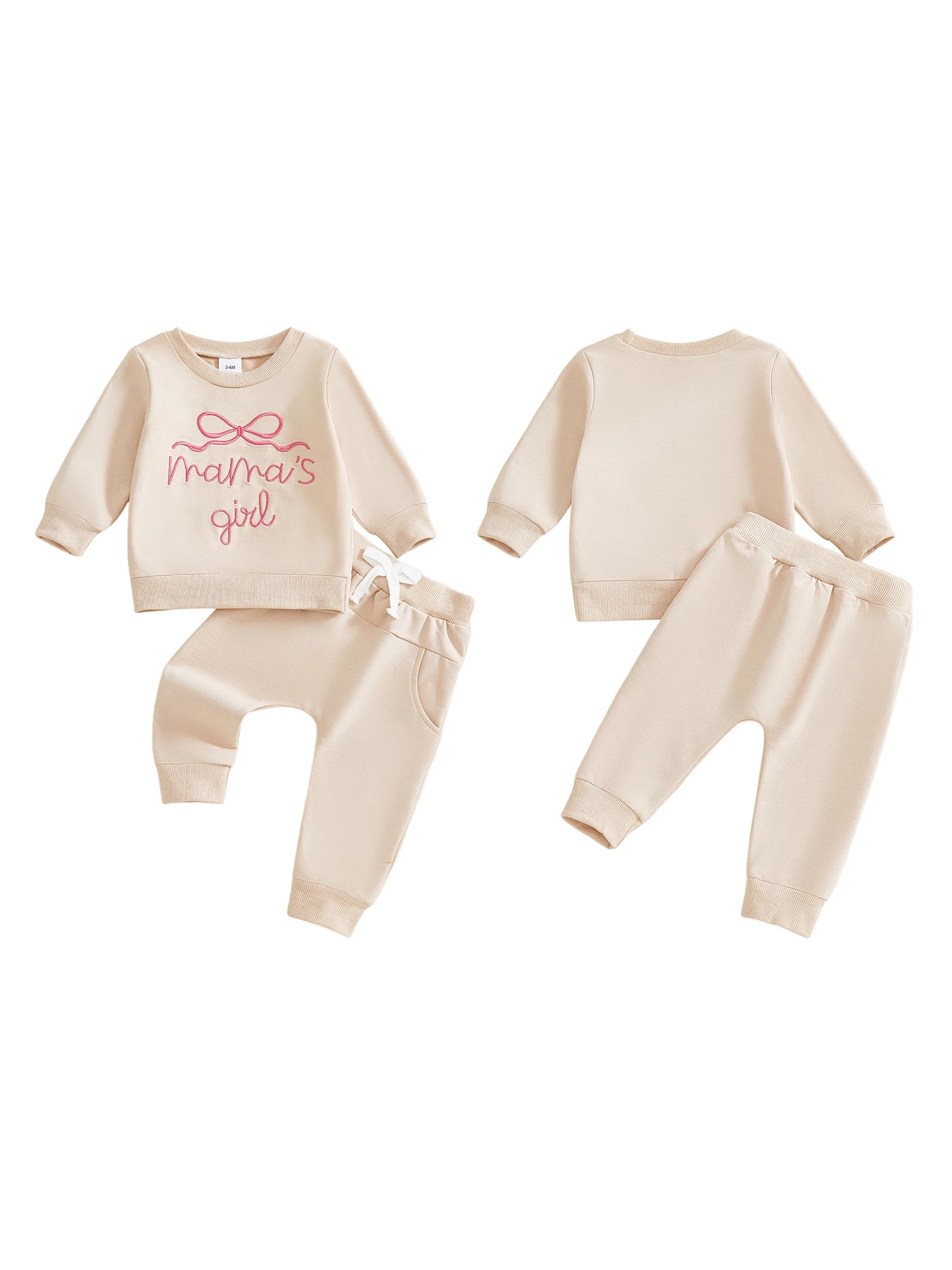 Baby Toddler Girls 2Pcs Mama's Girl Outfit Bow Letter Embroidered Long Sleeve Top and Solid Joggers 2 Piece Set