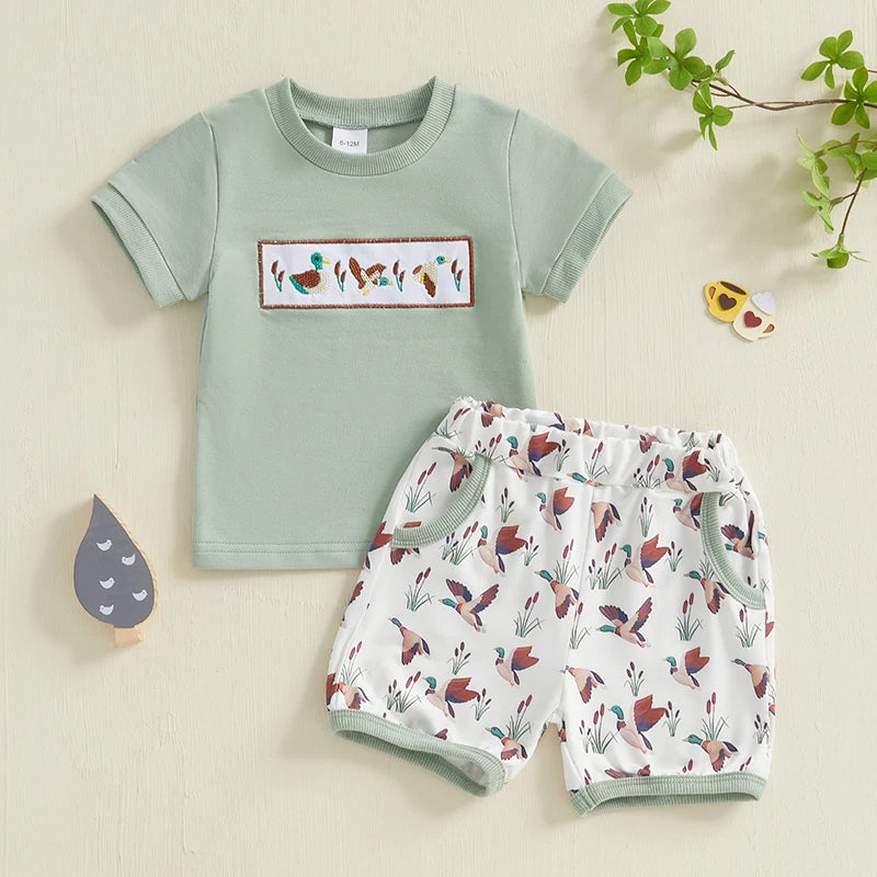 Baby Toddler Boys 2Pcs Summer Outfit Duck Embroidery Short Sleeve Top and Elastic Camouflage Shorts Set