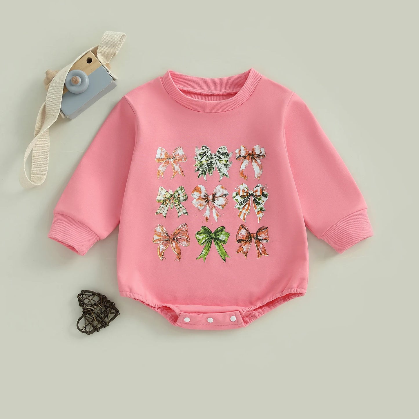 Baby Toddler Girls Christmas Bubble Romper Bow Print Long Sleeve Round Neck Jumpsuit