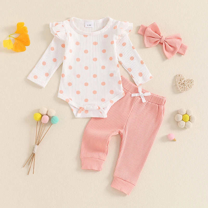 Baby Girls 3Pcs Fall Outfit Long Sleeve Polka Dots Print Romper with Pants and Headband Clothing Set